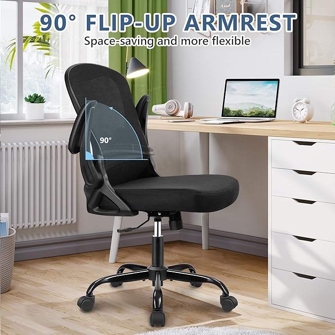 Office Chair Desk Chair, Ergonomic Mesh Computer Chair Home Office Desk Chairs, Swivel Task Chair Mid Back Breathable Rolling Chair with Adjustable Lumbar Support Flip Up Armrest (Black) - LeafyLoom