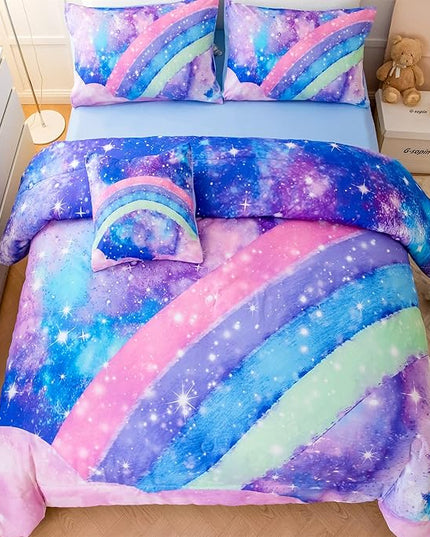 Tie Dye Blue Teens Comforter Set Queen for Girls, 3D Rainbow Gradient Glitter Bed in A Bag, 6 Pieces Twinkle Nebula Comforter Kids Bedding Set for All Season - LeafyLoom