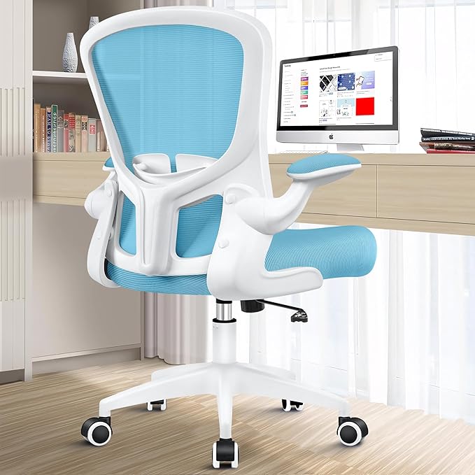 Ergonomic Office Chair, Lumbar Support Desk Chair with Flip-up Armrest and Breathable Mesh, Height Adjustable Swivel Office Chair Blue - LeafyLoom