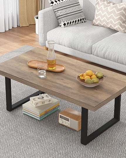 IBF Farmhouse Coffee Table, Modern Simple Wood Coffee Table for Living Room, Industrial Minimalist Rectangle Center Table, Wood and Metal Tea Coffee Table for Home Office Bedroom, Rustic Oak, 39 inch - LeafyLoom