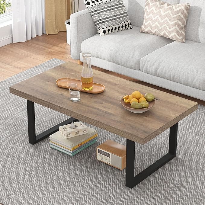 IBF Farmhouse Coffee Table, Modern Simple Wood Coffee Table for Living Room, Industrial Minimalist Rectangle Center Table, Wood and Metal Tea Coffee Table for Home Office Bedroom, Rustic Oak, 39 inch - LeafyLoom