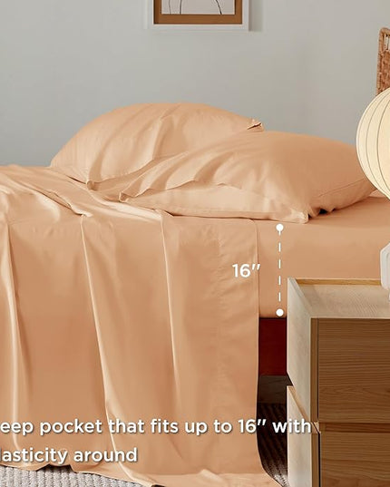 Bedsure Queen Sheets, Rayon Derived from Bamboo, Queen Cooling Sheet Set, Deep Pocket Up to 16", Breathable & Soft Bed Sheets, Hotel Luxury Silky Bedding Sheets & Pillowcases, Peach - LeafyLoom