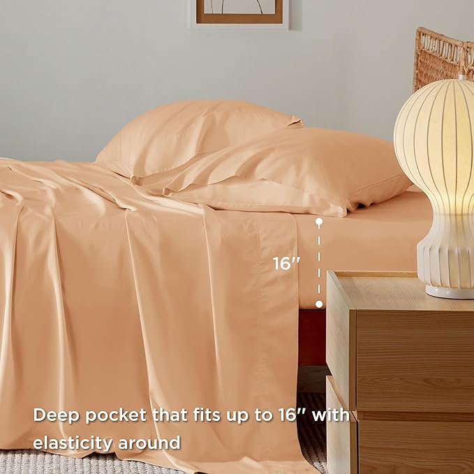 Bedsure Queen Sheets, Rayon Derived from Bamboo, Queen Cooling Sheet Set, Deep Pocket Up to 16", Breathable & Soft Bed Sheets, Hotel Luxury Silky Bedding Sheets & Pillowcases, Peach - LeafyLoom