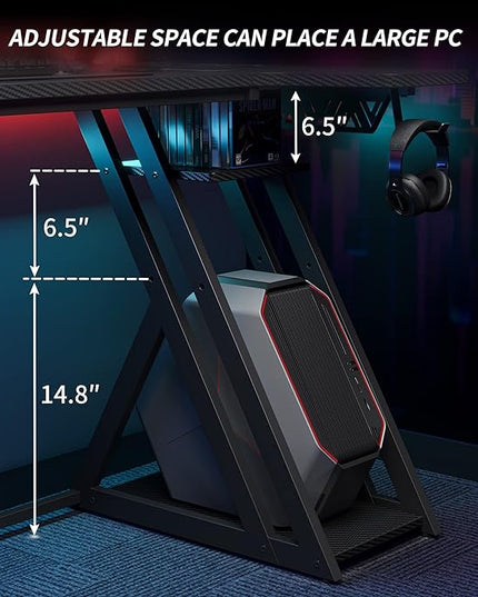 CubiCubi Aurora Gaming Desk with LED Lights & Power Outlets, 40 Inch L Shaped Carbon Fiber Surface Desk with Storage Shelves, Small Corner Computer Desk with Monitor Shelf, Gamer Desk PC Table, Black - LeafyLoom