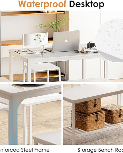 sogesfurniture Modern 4-Piece Kitchen Dining Table Set with 1 Bench and 2 Chairs, Kitchen Bench Table Set for 4, Wooden Kitchen Table and Chairs for Limited Space,White - LeafyLoom