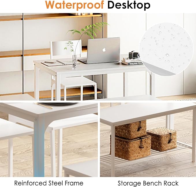 sogesfurniture Modern 4-Piece Kitchen Dining Table Set with 1 Bench and 2 Chairs, Kitchen Bench Table Set for 4, Wooden Kitchen Table and Chairs for Limited Space,White - LeafyLoom