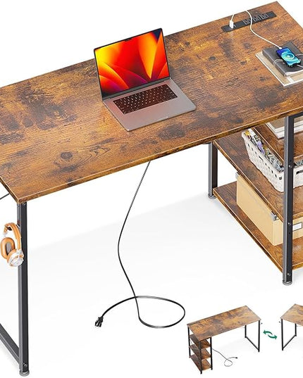 AODK Laptop Desk Office Desk, 48 Inch Computer Desk with Power Outlet and USB & Type-C Charging Port, Writing Desk with 3-Tier Reversible Storage Shelf for Home Office, 48'' x 16'', Rustic Brown - LeafyLoom
