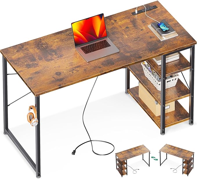 AODK Laptop Desk Office Desk, 48 Inch Computer Desk with Power Outlet and USB & Type-C Charging Port, Writing Desk with 3-Tier Reversible Storage Shelf for Home Office, 48'' x 16'', Rustic Brown - LeafyLoom