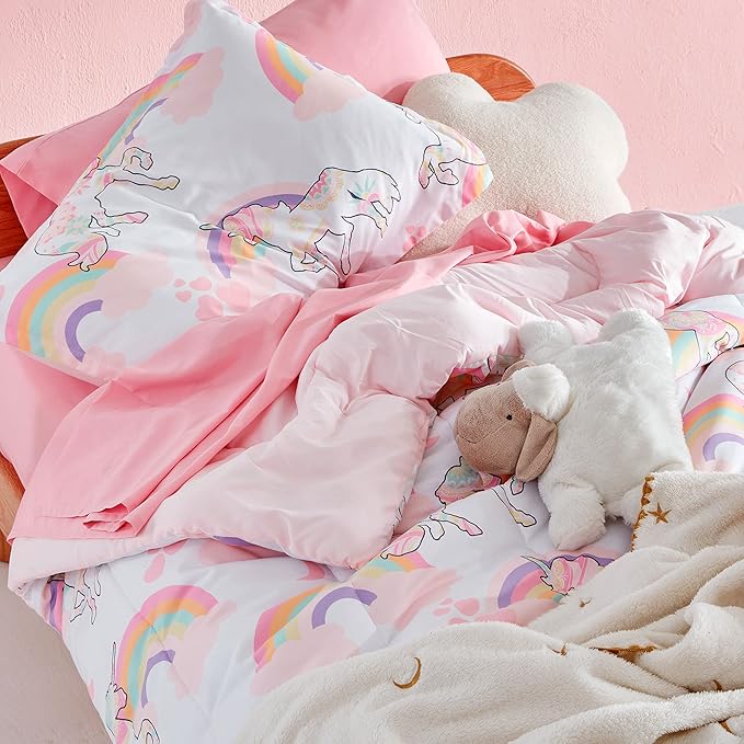 SLEEP ZONE Kids Unicorn Bedding Comforter Set Full/Queen Size - Super Soft & Cute Printed 3-Piece Comforter Set All Seasons for Girls, Fade Resistant, Machine Washable, Pink Unicorn - LeafyLoom