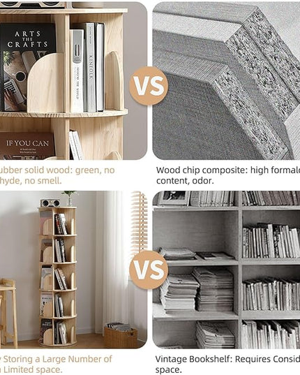 Rotating Bookshelf Tower, 5 Tier 360 Display Spinning Bookshelf, Solid Wood Narrow Book Shelf Organizer for Kid Adult, Corner Floor Standing Bookcase for Bedroom, Living Room, Study Room, Small Space - LeafyLoom