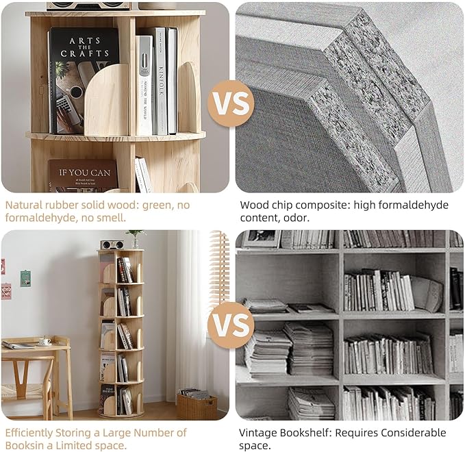 Rotating Bookshelf Tower, 5 Tier 360 Display Spinning Bookshelf, Solid Wood Narrow Book Shelf Organizer for Kid Adult, Corner Floor Standing Bookcase for Bedroom, Living Room, Study Room, Small Space - LeafyLoom