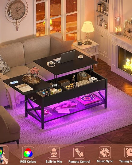 Coffee Table, Lift Top Coffee Table with Storage, LED Light & Power Outlet and Hidden Compartment, Retro Center Table for Living Room, X Support Wood Tabletop, Metal Frame,Black - LeafyLoom