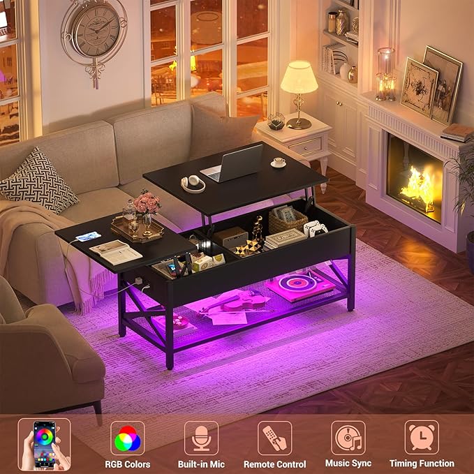 Coffee Table, Lift Top Coffee Table with Storage, LED Light & Power Outlet and Hidden Compartment, Retro Center Table for Living Room, X Support Wood Tabletop, Metal Frame,Black - LeafyLoom