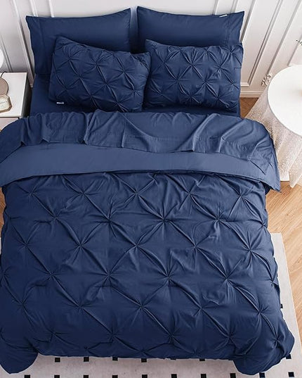 LANE LINEN California King Comforter Set, 7 Piece Cal King Bed in a Bag, Pintuck Cal King Bedding Set, Soft Cali King Bed Set, Cal King Bed Comforter Sets with Sheets, Pillowcases & Shams - Navy Blue - LeafyLoom