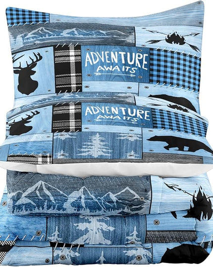 LUVIVIHOME 3PCS Rustic Cabin Comforter Set Queen Size, Farmhouse Bedding, Black Bear Deer Elk Moose Forest Animal Wildlife Hunting Country Brown Patchwork White Blue Plaid Lodge Quilt, 2 Pillow Cases - LeafyLoom