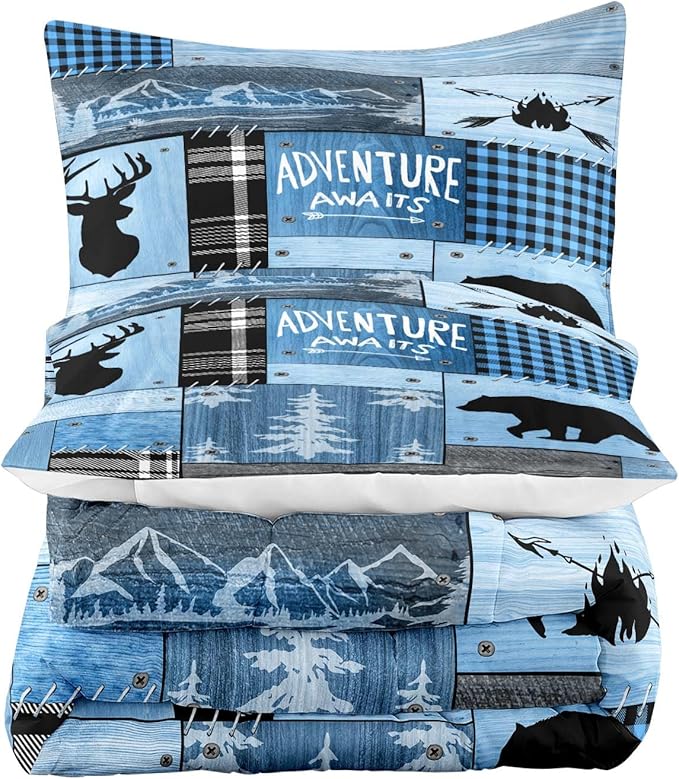 LUVIVIHOME 3PCS Rustic Cabin Comforter Set Queen Size, Farmhouse Bedding, Black Bear Deer Elk Moose Forest Animal Wildlife Hunting Country Brown Patchwork White Blue Plaid Lodge Quilt, 2 Pillow Cases - LeafyLoom