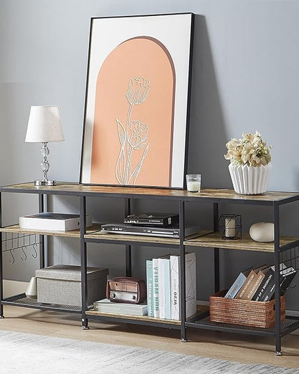 VECELO 55" TV Stand for 55/60/65 Inch Television, Entertainment Center with Storage Shelves & Hooks, 3-Tier Modern Wooden Console Table for Living, Bedroom and Gaming Room, 55 Inch, Retro Brown - LeafyLoom