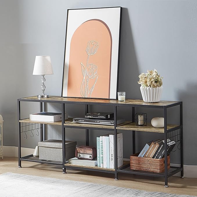 VECELO 55" TV Stand for 55/60/65 Inch Television, Entertainment Center with Storage Shelves & Hooks, 3-Tier Modern Wooden Console Table for Living, Bedroom and Gaming Room, 55 Inch, Retro Brown - LeafyLoom