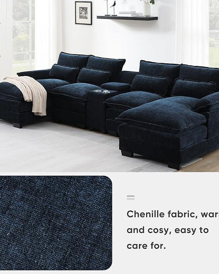 U Shaped Symmetrical Modular Sectional Sofa Cloud Couch with Double Chaise Lounge and Center Console,Cupholders and USB Ports, Deep Seat Upholstered Sleeper Corner Sofa&Couches for Living Room - LeafyLoom