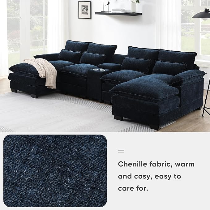 U Shaped Symmetrical Modular Sectional Sofa Cloud Couch with Double Chaise Lounge and Center Console,Cupholders and USB Ports, Deep Seat Upholstered Sleeper Corner Sofa&Couches for Living Room - LeafyLoom