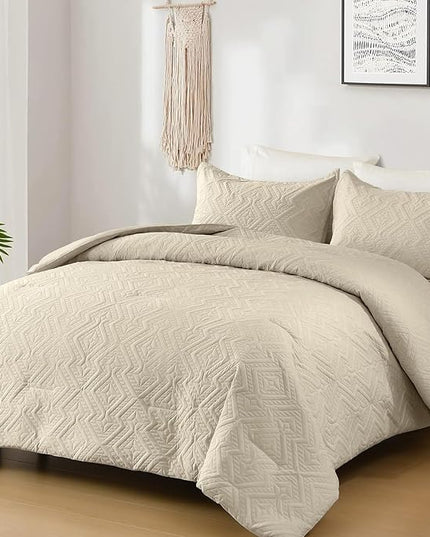 WONGS BEDDING Khaki Comforter Set King Size(104“×90”), Boho Geometric Textured Bedding Comforter Sets - 3 Pieces Reversible Soft Microfiber Ultrasonic Bedding with 2 PillowCases - LeafyLoom