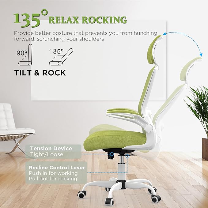 Mimoglad Office Chair, High Back Ergonomic Desk Chair with Adjustable Lumbar Support and Headrest, Swivel Task Chair with flip-up Armrests for Guitar Playing, 5 Years Warranty - LeafyLoom