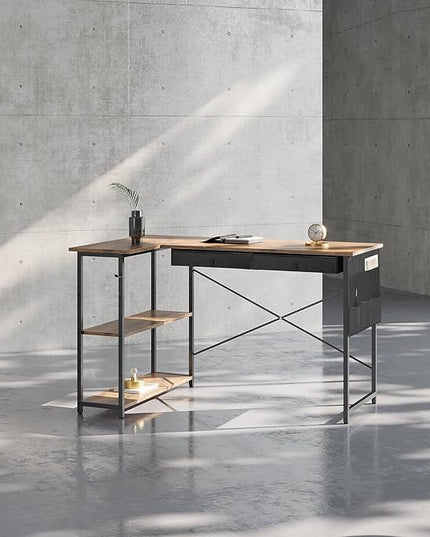 Ｍａｉｈａｉｌ Home Office Desk with Drawers and Shelves, 47” Computer Corner Desk for Small Space, Small L Shaped Desk with Side Storage for Bedroom, Rustic Brown - LeafyLoom