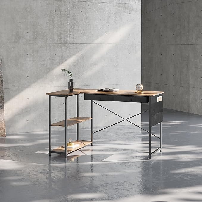 Ｍａｉｈａｉｌ Home Office Desk with Drawers and Shelves, 47” Computer Corner Desk for Small Space, Small L Shaped Desk with Side Storage for Bedroom, Rustic Brown - LeafyLoom