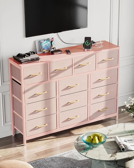 ODK Dresser with Charging Station, 57-Inch Long Dresser TV Stand for Bedroom, Large Dresser with 13 Storage Drawers, Chest of Drawers Easy-Pull Fabric Dressers for Living Room, Pink - LeafyLoom