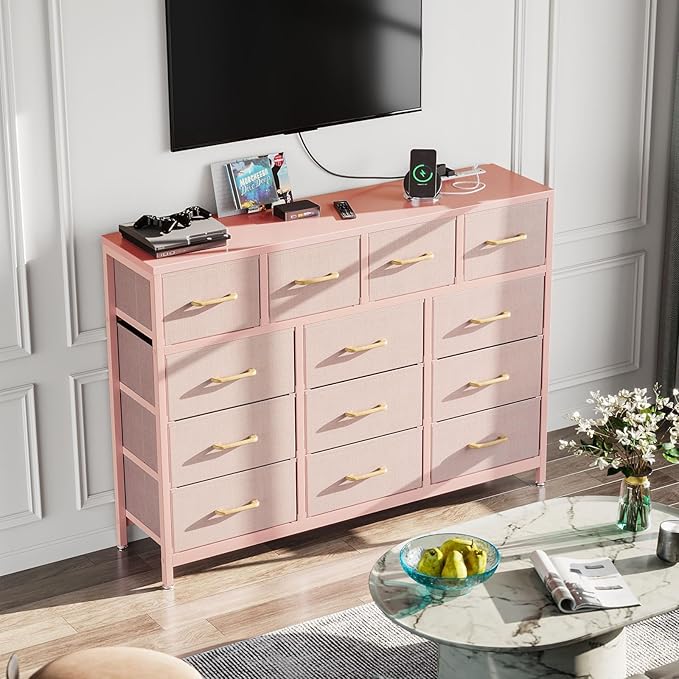 ODK Dresser with Charging Station, 57-Inch Long Dresser TV Stand for Bedroom, Large Dresser with 13 Storage Drawers, Chest of Drawers Easy-Pull Fabric Dressers for Living Room, Pink - LeafyLoom