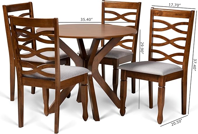 Baxton Studio Mila Modern and Contemporary Grey Fabric Upholstered and Walnut Brown Finished Wood 5-Piece Dining Set - LeafyLoom