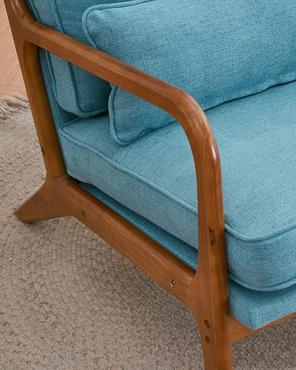 Bonnlo LinenTeal Mid Century Modern Accent Chair, Soild Wood Padding Lounge Armchairs Side Sitting Chairs for Living Room, Bedroom, Guest Room - LeafyLoom
