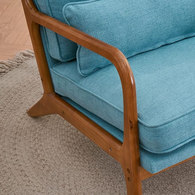 Bonnlo LinenTeal Mid Century Modern Accent Chair, Soild Wood Padding Lounge Armchairs Side Sitting Chairs for Living Room, Bedroom, Guest Room - LeafyLoom