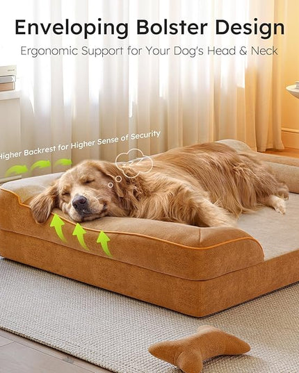 Jumbo Orthopedic Dog Bed for Extra Large Dogs With Cooling Gel Memory Foam, Waterproof, Removable Washable Cover, 45" Sofa Couch, Dutch Velvet With Bone Toy, Brown LeafyLoom