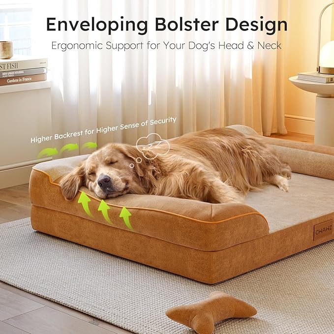 Jumbo Orthopedic Dog Bed for Extra Large Dogs With Cooling Gel Memory Foam, Waterproof, Removable Washable Cover, 45" Sofa Couch, Dutch Velvet With Bone Toy, Brown LeafyLoom