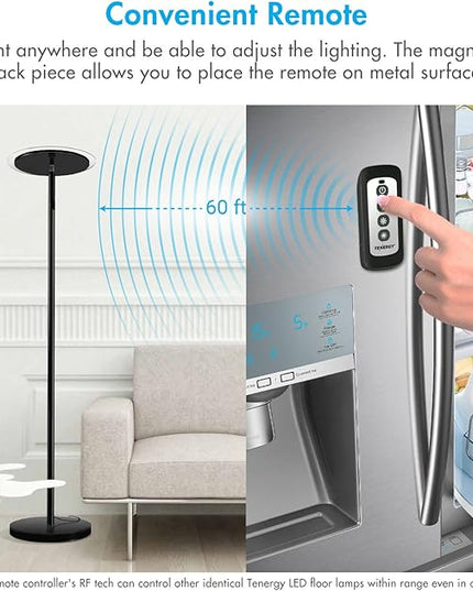 Tenergy Modern Torchiere Floor Lamp, 3000L LED, 30W, Remote Control, Touch Dimmer, 90° Adjustable, Warm White - LeafyLoom