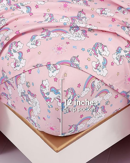 Mooreeke Kids Comforter Bed Set Twin Size for Girls, 6 Pieces Bed in a Bag with Shams, Sheet Set, Pink Unicorn Double Soft Microfiber Kids Comforter Bedding Set - LeafyLoom