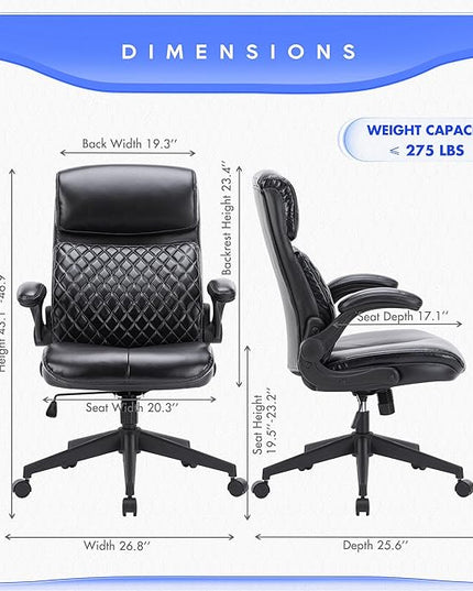 COLAMTY Executive Office Chair 275LBS- Mid Back Computer Desk Chair with Flip-up Arms, Adjustable Height, Rock, Ergonomic Leather Chair Swivel Chair for Home Office - LeafyLoom