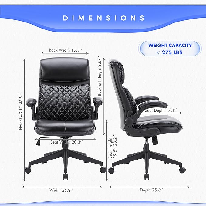 COLAMTY Executive Office Chair 275LBS- Mid Back Computer Desk Chair with Flip-up Arms, Adjustable Height, Rock, Ergonomic Leather Chair Swivel Chair for Home Office - LeafyLoom