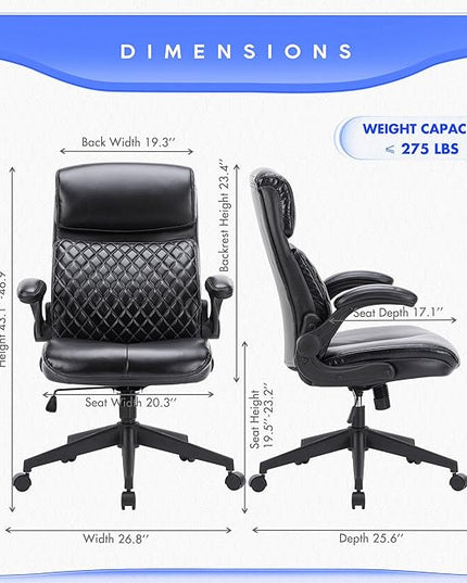 COLAMY Home Office Chair 275LBS Executive Leather Office Chair with Padded Flip-up Arms, Adjustable Height and Tilt Lock, Black - LeafyLoom