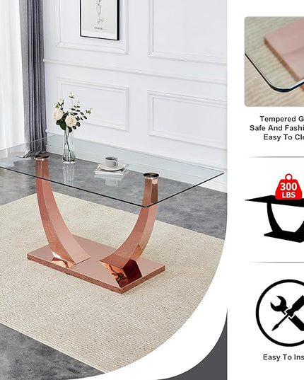 NicBex 63Inch Rectangular Dining Table,Modern Kitchen Table with Tempered Glass Tabletop and Rose Gold Metal Legs for 6 to 8,Large Dining Room Table for Kitchen,Meeting Living Room,Rose Gold - LeafyLoom