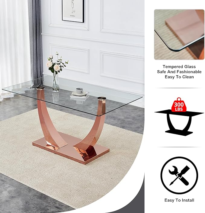 NicBex 63Inch Rectangular Dining Table,Modern Kitchen Table with Tempered Glass Tabletop and Rose Gold Metal Legs for 6 to 8,Large Dining Room Table for Kitchen,Meeting Living Room,Rose Gold - LeafyLoom