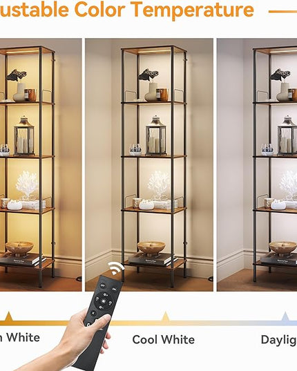 SUNMORY Display Shelf with Dimmable Lights, Lighted Display Cases for Collectibles, Adjustable Color Temperature and Brightness, Display Cabinet, Floor Lamp with Shelves, Home Decor, Rustic Brown - LeafyLoom