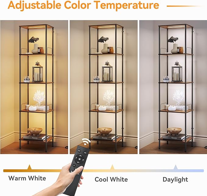 SUNMORY Display Shelf with Dimmable Lights, Lighted Display Cases for Collectibles, Adjustable Color Temperature and Brightness, Display Cabinet, Floor Lamp with Shelves, Home Decor, Rustic Brown - LeafyLoom