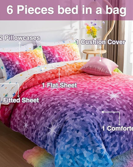 A Nice Night 6Pcs Gradient Abstract Art Grid Mosaic Geometric Bedding Set for Girls, Colorful Rainbow Galaxy Comforter Set, Ultra Soft Bedding Sets (PinkYellow,Full 6Pcs) - LeafyLoom