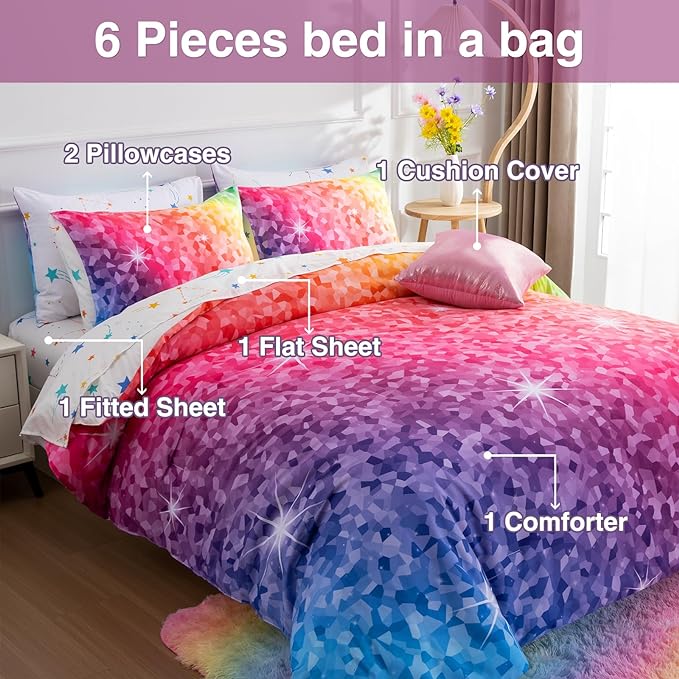 A Nice Night 6Pcs Gradient Abstract Art Grid Mosaic Geometric Bedding Set for Girls, Colorful Rainbow Galaxy Comforter Set, Ultra Soft Bedding Sets (PinkYellow,Full 6Pcs) - LeafyLoom