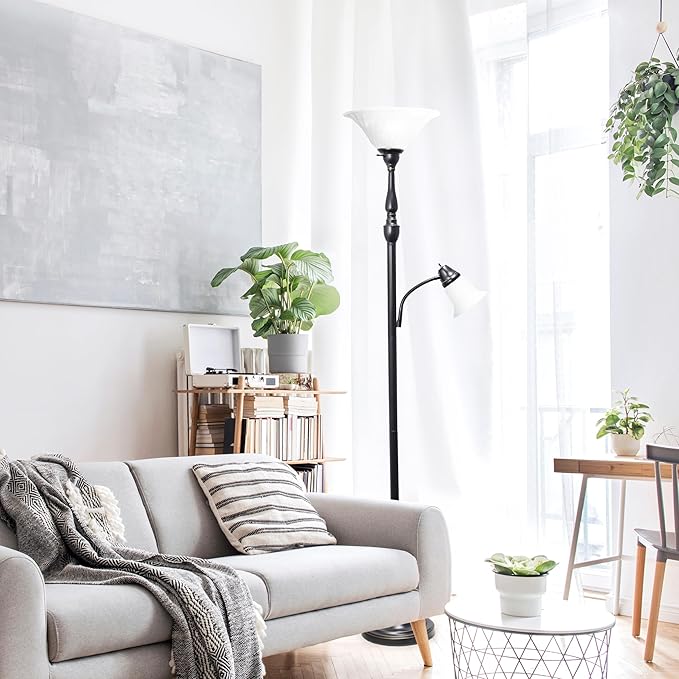 Elegant Designs LF2003-RBZ 2 Light Mother Daughter Floor Lamp with White Marble Glass,Restoration Bronze - LeafyLoom