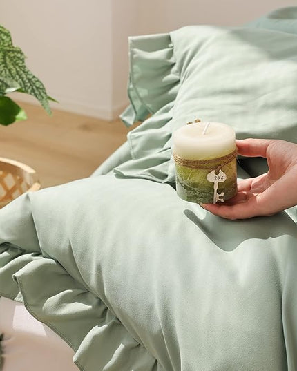 JANZAA California King Comforter Set Sage Green Comforter 3PCS Soft Fluffy Boho Comforter Vintage Farmhouse Bed (1 Ruffle Comforter with 2 Pillowcases) Shabby Chic Bedding for All Season - LeafyLoom