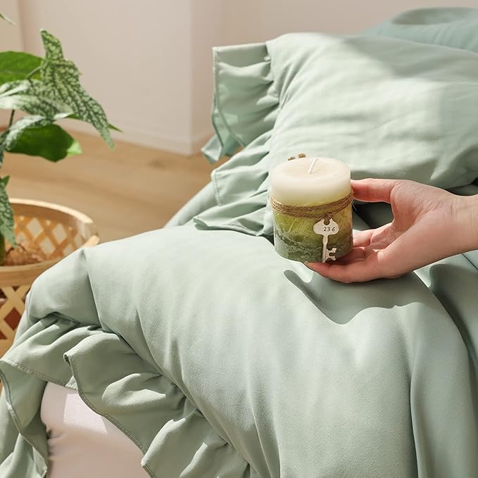 JANZAA California King Comforter Set Sage Green Comforter 3PCS Soft Fluffy Boho Comforter Vintage Farmhouse Bed (1 Ruffle Comforter with 2 Pillowcases) Shabby Chic Bedding for All Season - LeafyLoom