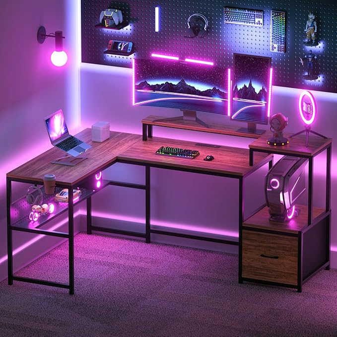 GreenForest 69 inch L Shaped Computer Desk with Drawers and Printer Stand, Gaming Desk with Power Outlet, Monitor Shelf, Storage Shelves and Hooks for Home Office Working, Writing, Studying, Walnut - LeafyLoom